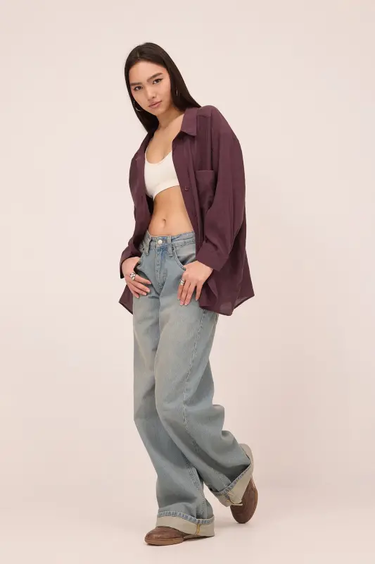 Single Pocket Oversize Shirt G4612-Z2-Plum - ADDAX