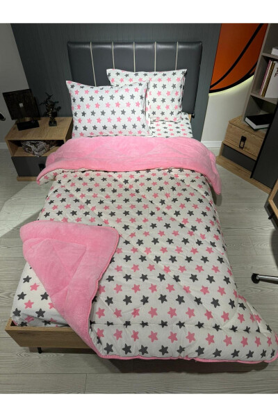 Single Welsoft Fluffy Sleep Set (With Elastic Sheet) Pink Star - 2