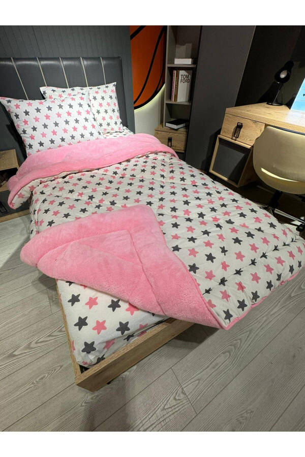 Single Welsoft Fluffy Sleep Set (With Elastic Sheet) Pink Star - 6