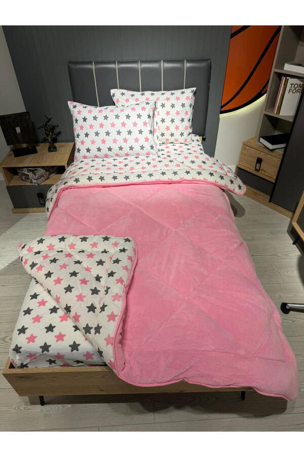 Single Welsoft Fluffy Sleep Set (With Elastic Sheet) Pink Star - 7