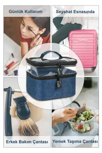 Синяя джинсовая профессиональная двухсекционная косметичка и сумка для ухода за кожей - Синяя - 4