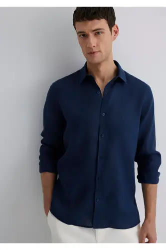 Синяя Льняная Рубашка Slim Fit / Узкий Крой 0211466 