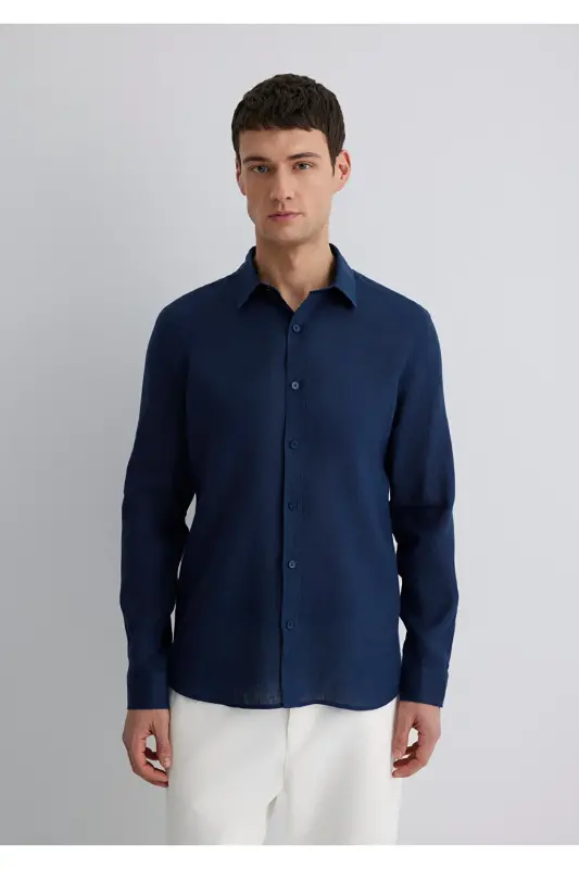 Синяя Льняная Рубашка Slim Fit / Узкий Крой 0211466 - 3