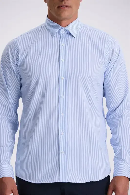 Синяя немнущаяся рубашка в полоску Comfort Fit из 100% хлопка, не требующая глажки. - 3