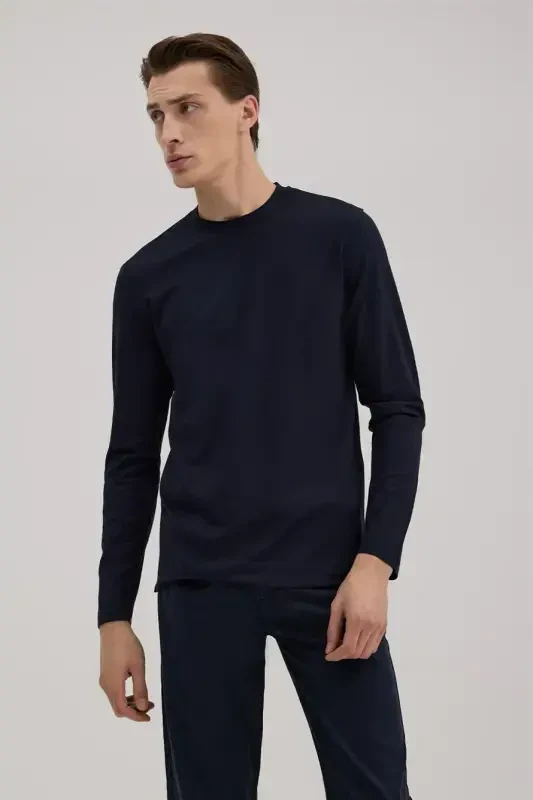 Lacivert Slim Fit Bisiklet Yaka Rayon Uzun Kollu Basic T-Shirt - 2