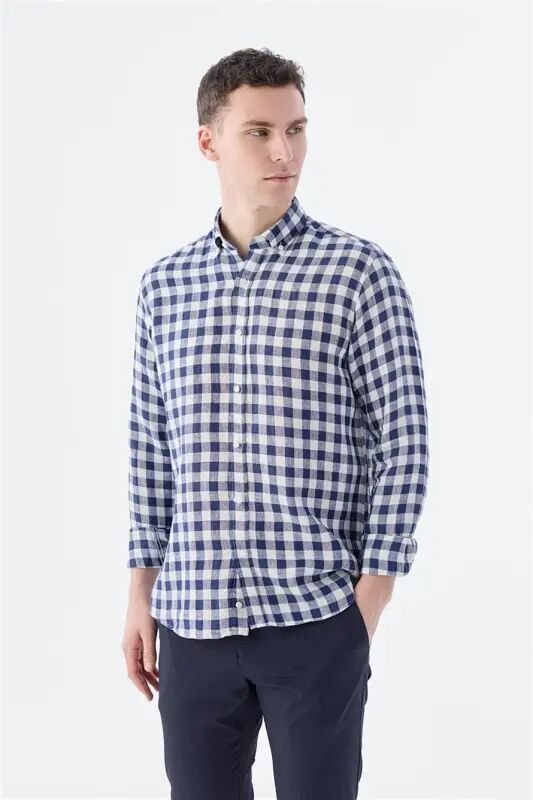 Синяя рубашка Comfort Fit в клетку из 100% лен - 1