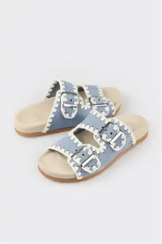 Синие кожаные женские шлепанцы - 5