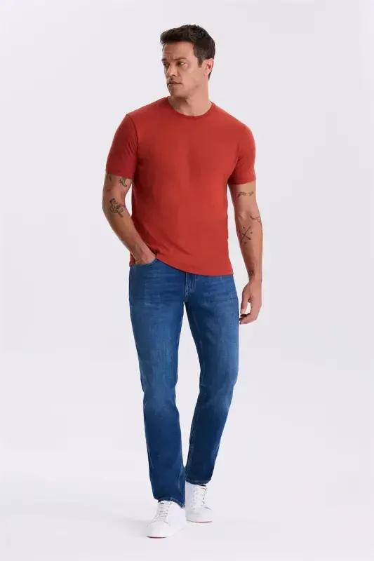 Синие зауженные джинсы с потертостями из хлопкового стрейча - 2