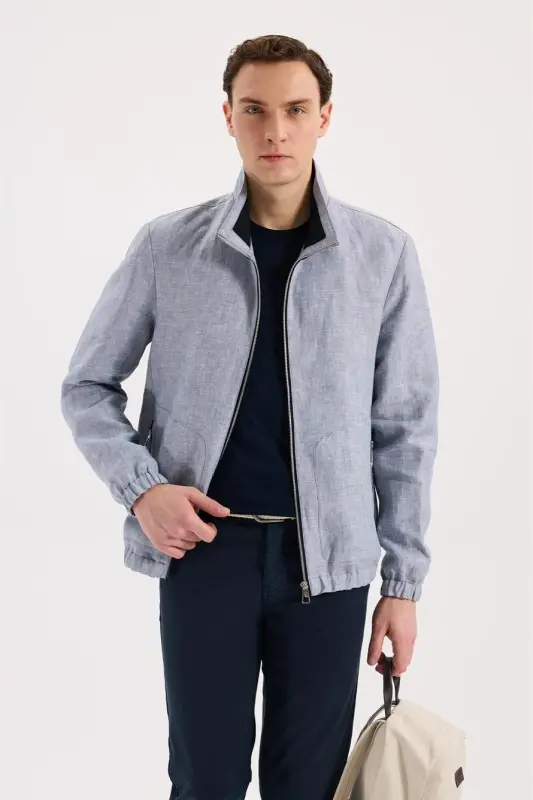 Синий Comfort Fit %100 Лен Демисезонная Спортивная Куртка - 2