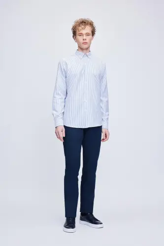Синий Comfort Fit В полоску Хлопковый На пуговицах Воротник Длинный - 2
