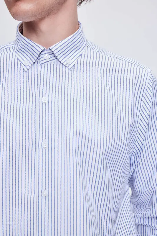 Синий Comfort Fit В полоску Хлопковый На пуговицах Воротник Длинный - 4
