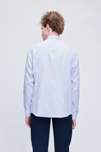 Синий Comfort Fit В полоску Хлопковый На пуговицах Воротник Длинный - 5