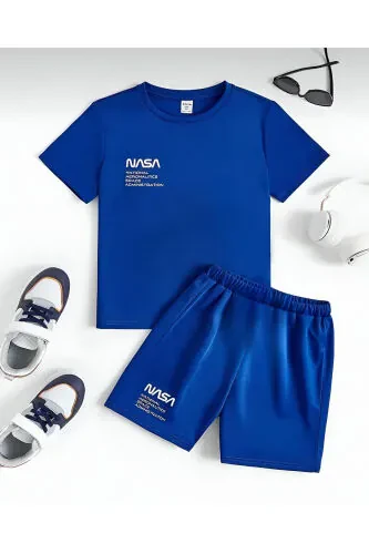 Синий детский костюм с шортами с принтом NASA - BYMEER