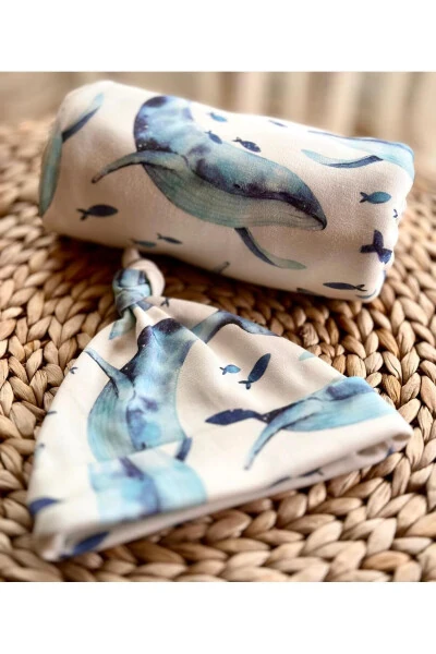 Синий кит узор одеяло и шляпа комплект - BLZ