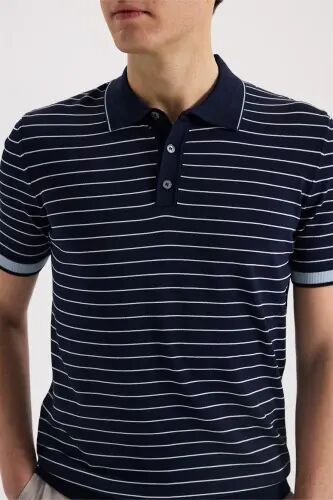Синий облегающий полосатый топ-поло из вискозы Slim Fit - 3