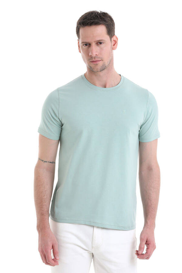 Синий Трикотаж Прямого Кроя из Хлопка с Круглым Вырезом - 1