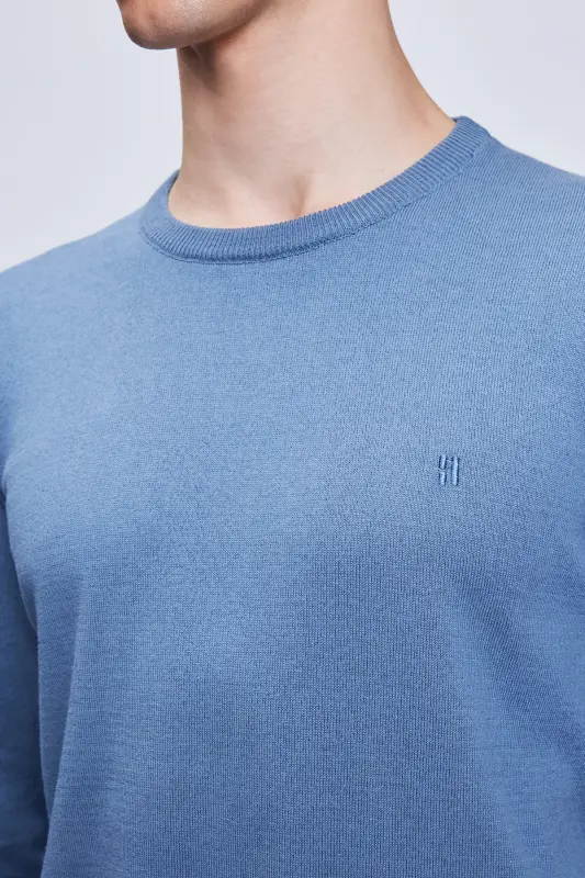 Синий трикотаж Regular Fit с круглым вырезом из 100% хлопка - 4