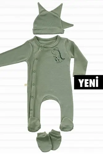 Cute Dino 3 Parça Yenidoğan Mini Hastane Çıkış Seti - Haki 