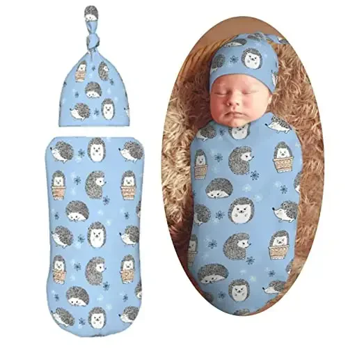 Muishi Cute Hedgehogs Blue Newborn Swaddle Blankets Hat Sets Soft Baby Receiving Blanket Swaddle Sack for Baby Shower Infant Boy Girl Gift - MODAZONE