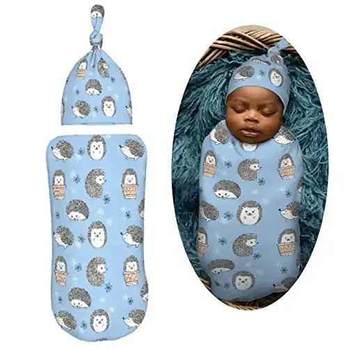 Muishi Cute Hedgehogs Blue Newborn Swaddle Blankets Hat Sets Soft Baby Receiving Blanket Swaddle Sack for Baby Shower Infant Boy Girl Gift - MODAZONE (1)