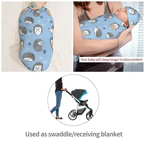 Muishi Cute Hedgehogs Blue Newborn Swaddle Blankets Hat Sets Soft Baby Receiving Blanket Swaddle Sack for Baby Shower Infant Boy Girl Gift - 4