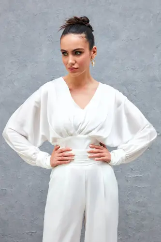 Широкая Атласная Блузка с Рукавами - ECRU-ECRU - SATEEN (1)