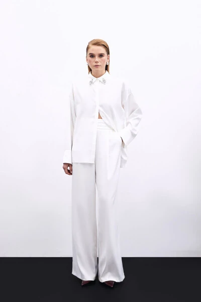 Широкие атласные брюки с карманами - ЭКРУ - SATEEN (1)