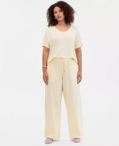 Широкие брюки Plus Size с однотонным шнурком, эксклюзивно в Modazone — Желтая дымка - 1