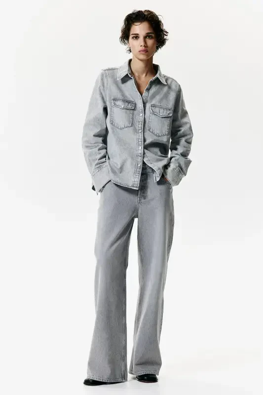 Широкие джинсы - светло-серый - 2