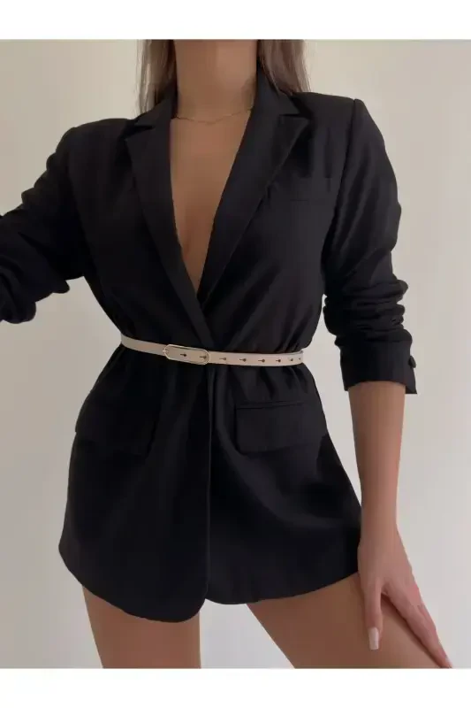 Широкий тонкий женский ремень с золотой пряжкой, ремень для куртки, ремень для платья, ремень для рубашки - БЕЖЕВЫЙ - 4