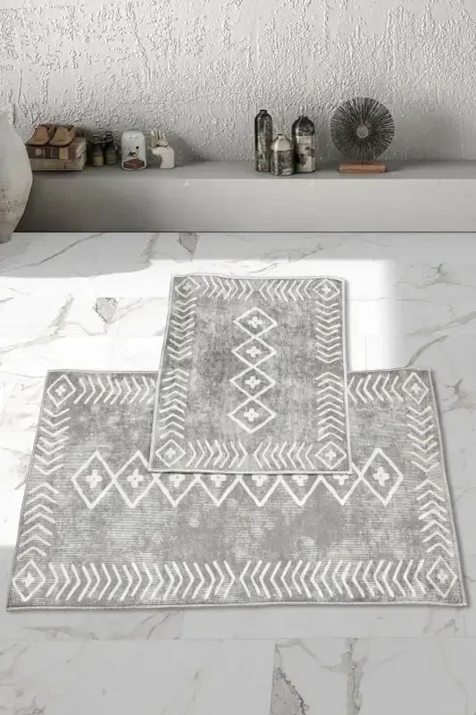 Sirpanmaydigan taglik Yuviladigan 2 dona 60x100 - 50x60 Hammom gilami gilamchasi hojatxona komplekti-kulrang - 1