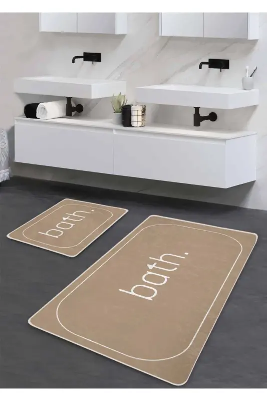 Sirpanmaydigan taglik Yuviladigan 2 dona hammom gilami - Bej Bath naqshli 60*100 Sm - 50*60 Sm-Bej - 1