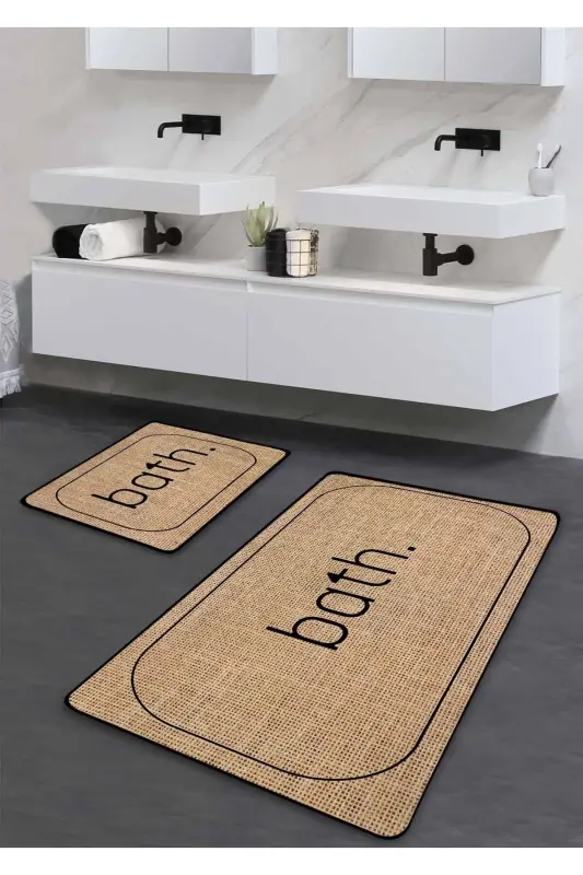 Sirpanmaydigan taglik Yuviladigan 2 dona hammom gilami - Jüt ko'rinishidagi Bath naqshli 60 * 100 sm. - 50 * 60 sm. -Jüt ko'rinishidagi - PILLOVELAND