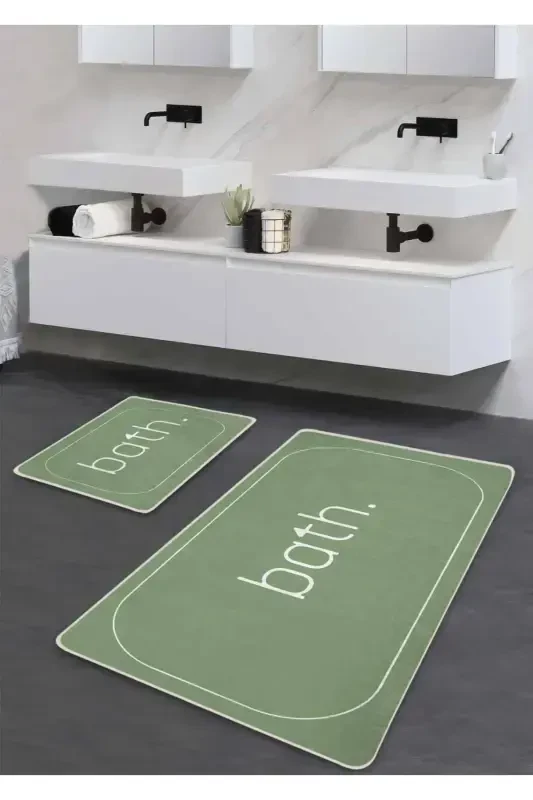 Sirpanmaydigan taglik Yuviladigan 2 dona hammom gilami - Mint Bath naqshli 60 * 100 sm - 50 * 60 sm-Mint - 1
