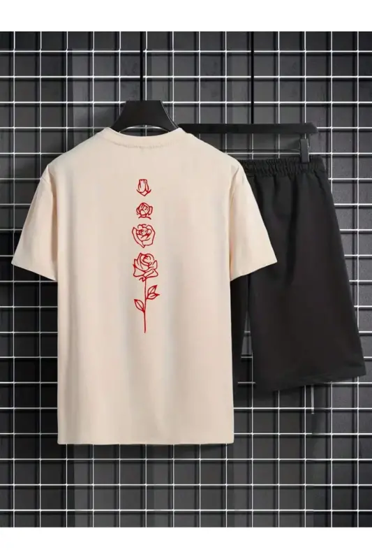 sırt baskılı alt ust şortlu oversize takım-bejvesiyah - 2