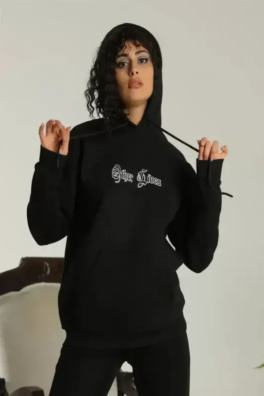 Sırt Baskılı Oversize Üç İplik Kapüşonlu Sweatshirt - Siyah - BÜYÜKBEDENIZ