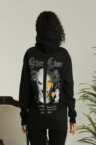 Sırt Baskılı Oversize Üç İplik Kapüşonlu Sweatshirt - Siyah - BÜYÜKBEDENIZ (1)