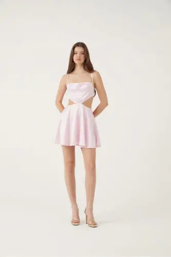 Sırt Dekolteli Saten MiniSheri Elbise Pembe - Pembe - 3