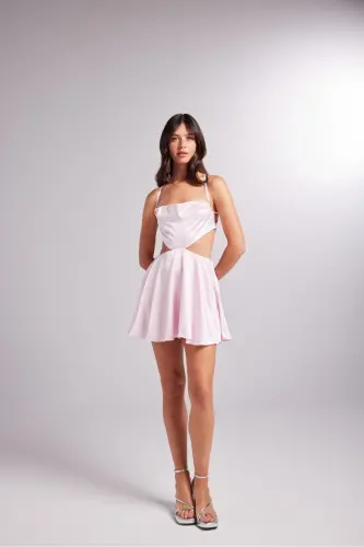 Sirt Dekolteli Saten MiniSheri Libos Pembe - 3