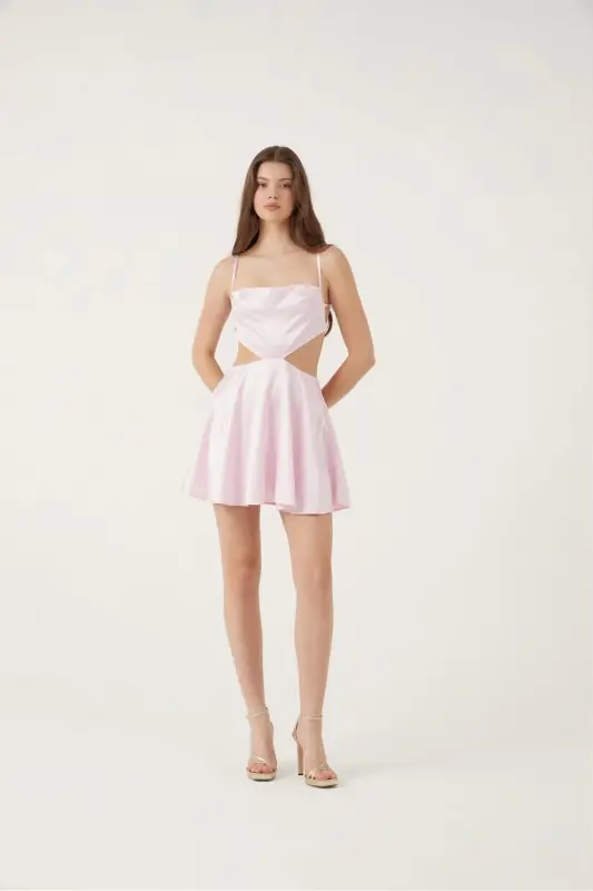Sirt Dekolteli Saten MiniSheri Libos Pembe - 3