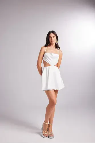 Sırt Dekolteli Saten MiniSheriElbise Beyaz-Beyaz - 4
