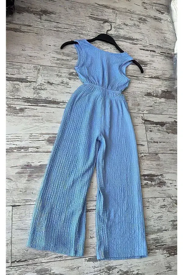 Sırtı Pencere Detaylı Kız Çocuk Kolsuz Tulum-MAVİ - 9