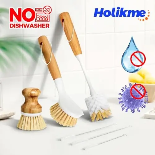 Holikme 6 Pack Dish Brush Kitchen Brushes Set with Vegetable Palm Brush, Bottle Brush, Dish Brush and Straw Brush, Fruit Cleaning Brushes for Cleaning Potato Skillet Wok Pot Pan Cast Iron, Yellow - 5