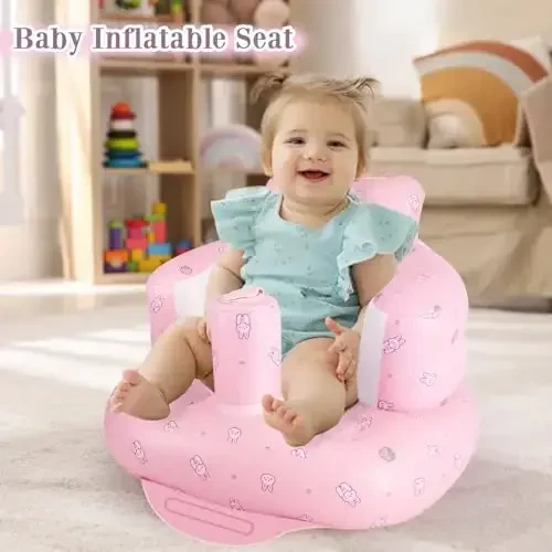 Inflatable Baby Chair, Inflatable Baby Seat for Babies 3 Months and Up, Summer Blow Up Chair with Built in Air Pump, Infant Floor Seats for Learning to Sit, Palying, Camping, Strawberry - 4