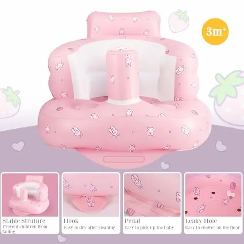 Inflatable Baby Chair, Inflatable Baby Seat for Babies 3 Months and Up, Summer Blow Up Chair with Built in Air Pump, Infant Floor Seats for Learning to Sit, Palying, Camping, Strawberry - INFLATABLE (1)