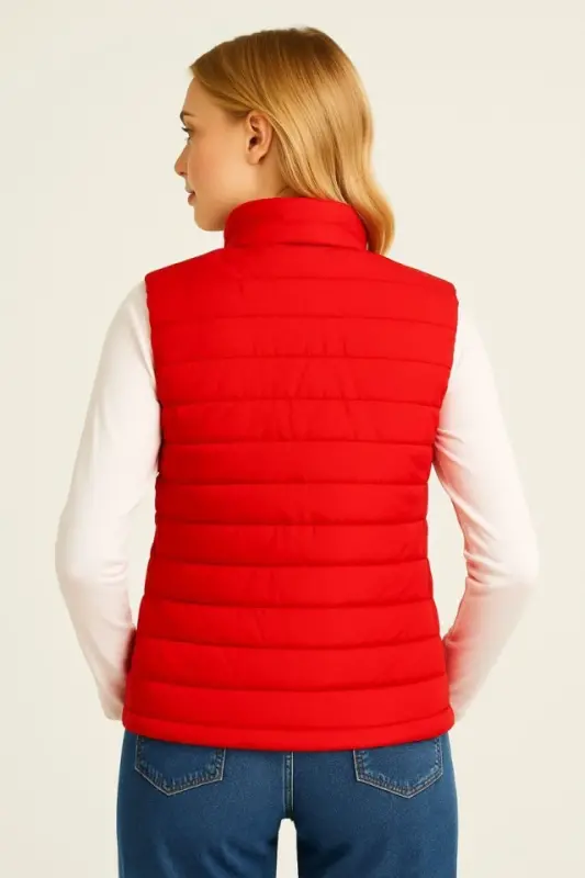 Şişme Fermuarlı Yelek Su Itici Kapitone Astarlı Kumaş Cepli Hafif Kışlık Spor Rahat Kalıp - Kırmızı - 3