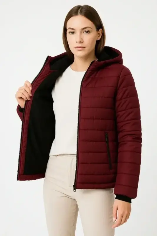 Şişme Kapüşonlu Fermuarlı Mont Su Itici Kapitone Astarlı Kumaş Cepli Kışlık Rahat Kalıp - Bordo - BÜYÜKBEDENIZ