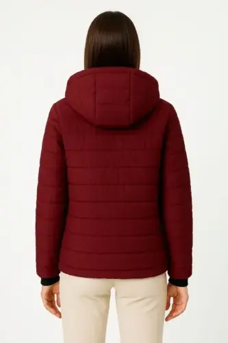 Şişme Kapüşonlu Fermuarlı Mont Su Itici Kapitone Astarlı Kumaş Cepli Kışlık Rahat Kalıp - Bordo - BÜYÜKBEDENIZ (1)