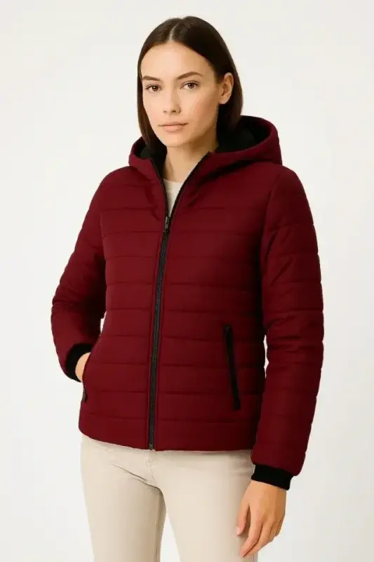 Şişme Kapüşonlu Fermuarlı Mont Su Itici Kapitone Astarlı Kumaş Cepli Kışlık Rahat Kalıp - Bordo - 3