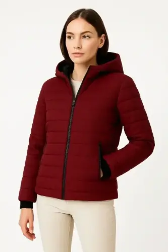 Şişme Kapüşonlu Fermuarlı Mont Su Itici Kapitone Astarlı Kumaş Cepli Kışlık Rahat Kalıp - Bordo - 4